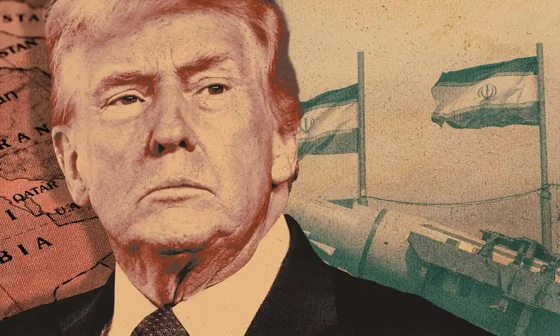 Donald Trump arkasında harita ve bayraklarla