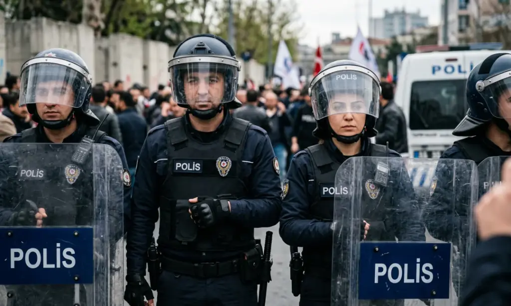 kalkanıyla polis beklerken