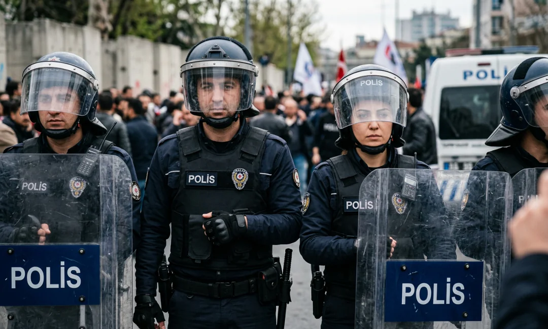 kalkanıyla polis beklerken